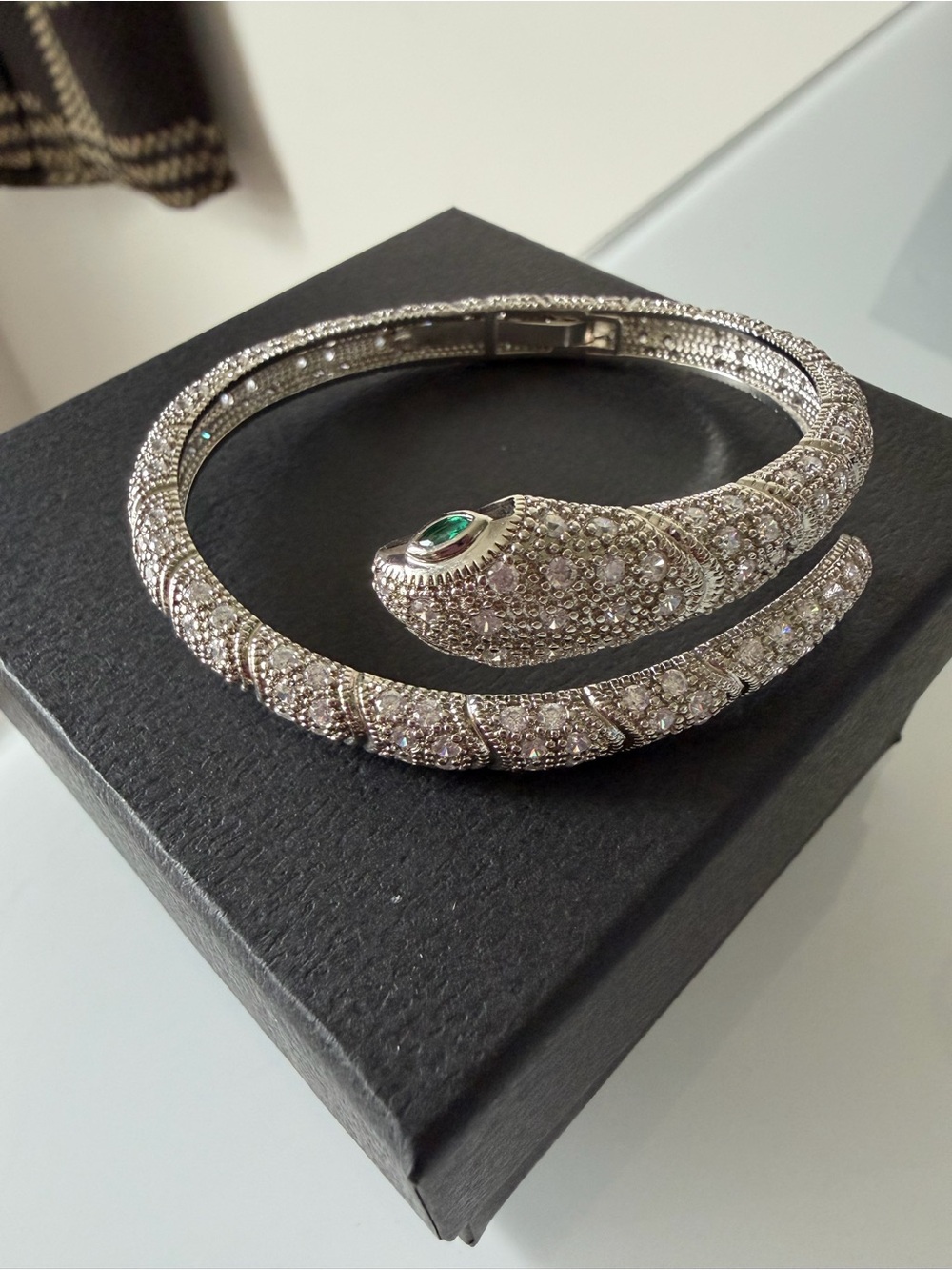 Silver Pave Snake Bangle Bracelet with Emerald Accent